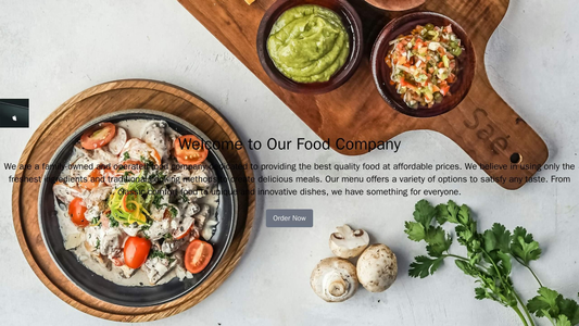 Food Company: A warm and inviting design with a full-screen background image of a delicious meal. The logo is positioned Web Template 733