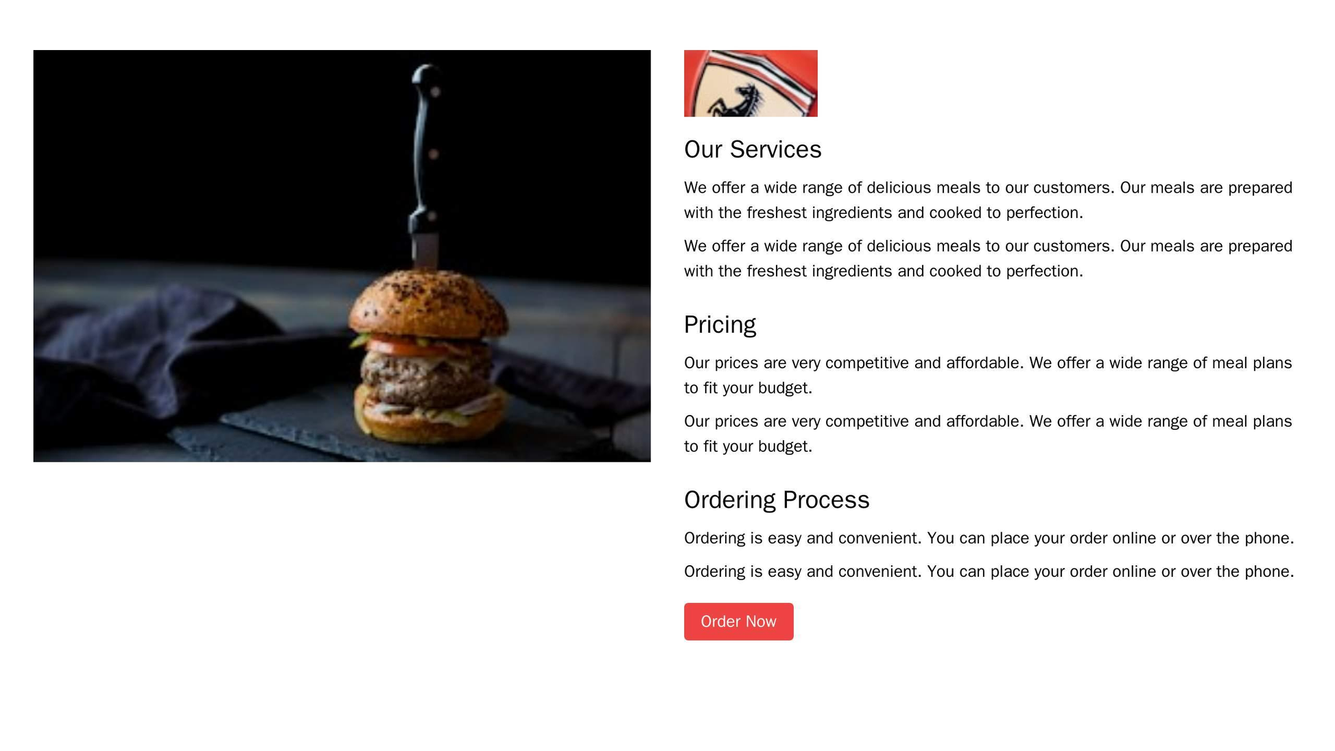 Food Delivery Service: A two-column layout with a high-resolution image of a delicious meal on the left and a white back Web Template 46