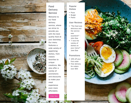 Food Delivery Service: A design focusing on large visuals of appetizing food items. A clear call-to-action button is pos Web Template 543