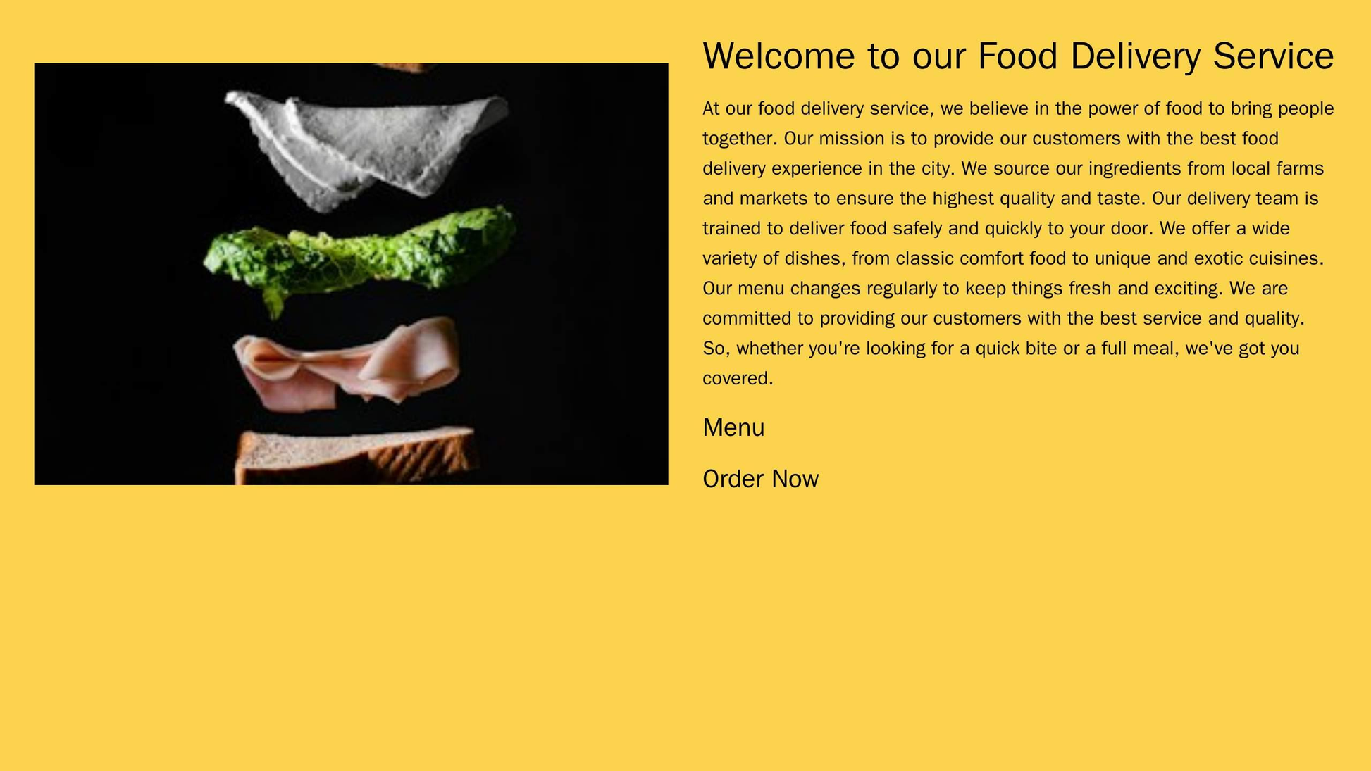 Food Delivery Service: A two-column layout with a large image of a delicious meal on the left and another column with th Web Template 689