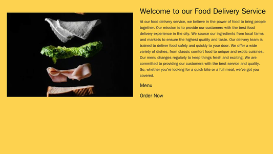 Food Delivery Service: A two-column layout with a large image of a delicious meal on the left and another column with th Web Template 689