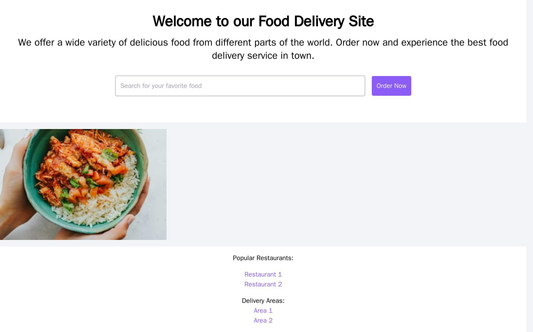 Food Delivery Site: A minimalist design with a large search bar and a prominent "Order Now" button. The header can have  Web Template 639