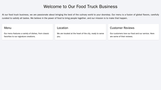 Food Truck Business: A playful design with a full-width header image of a food truck, a centered logo, and a top navigat Web Template 1451