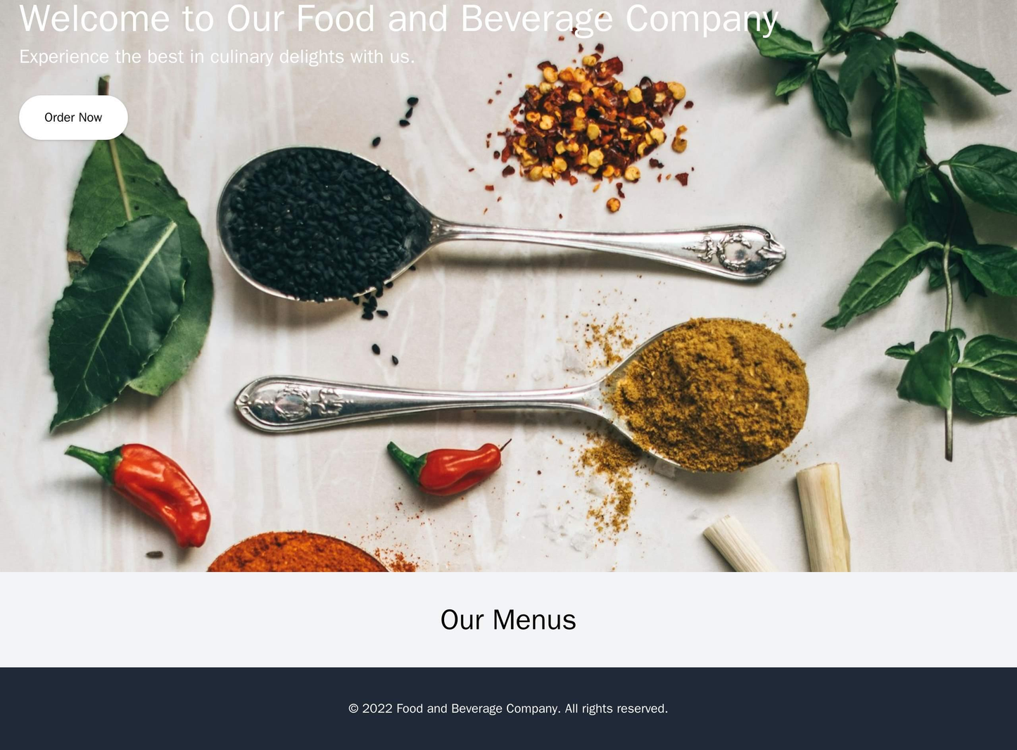 Food and Beverage Company: A mouthwatering design with a full-width header image of a delicious dish, with a call-to-act Web Template 759