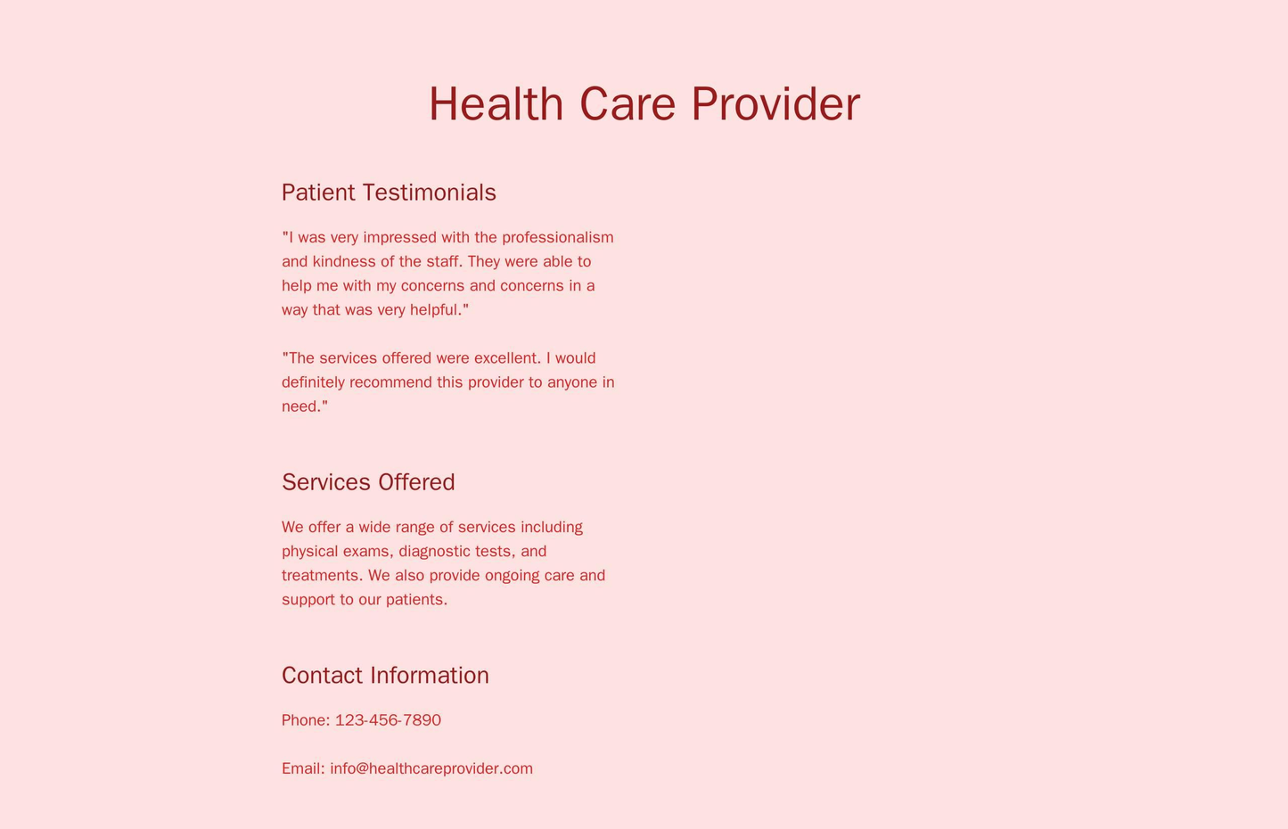 Health Care Provider: A one-page layout with sections for patient testimonials, services offered, and contact informatio Web Template 674