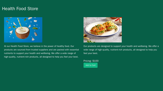 Health Food Store Site: Two-column layout featuring high-quality product images. The left column is dedicated to textual Web Template 1801