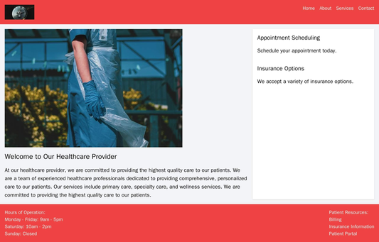 Healthcare Provider: A clean design with a large, central hero image, a menu at the top, a footer with hours of operatio Web Template 665