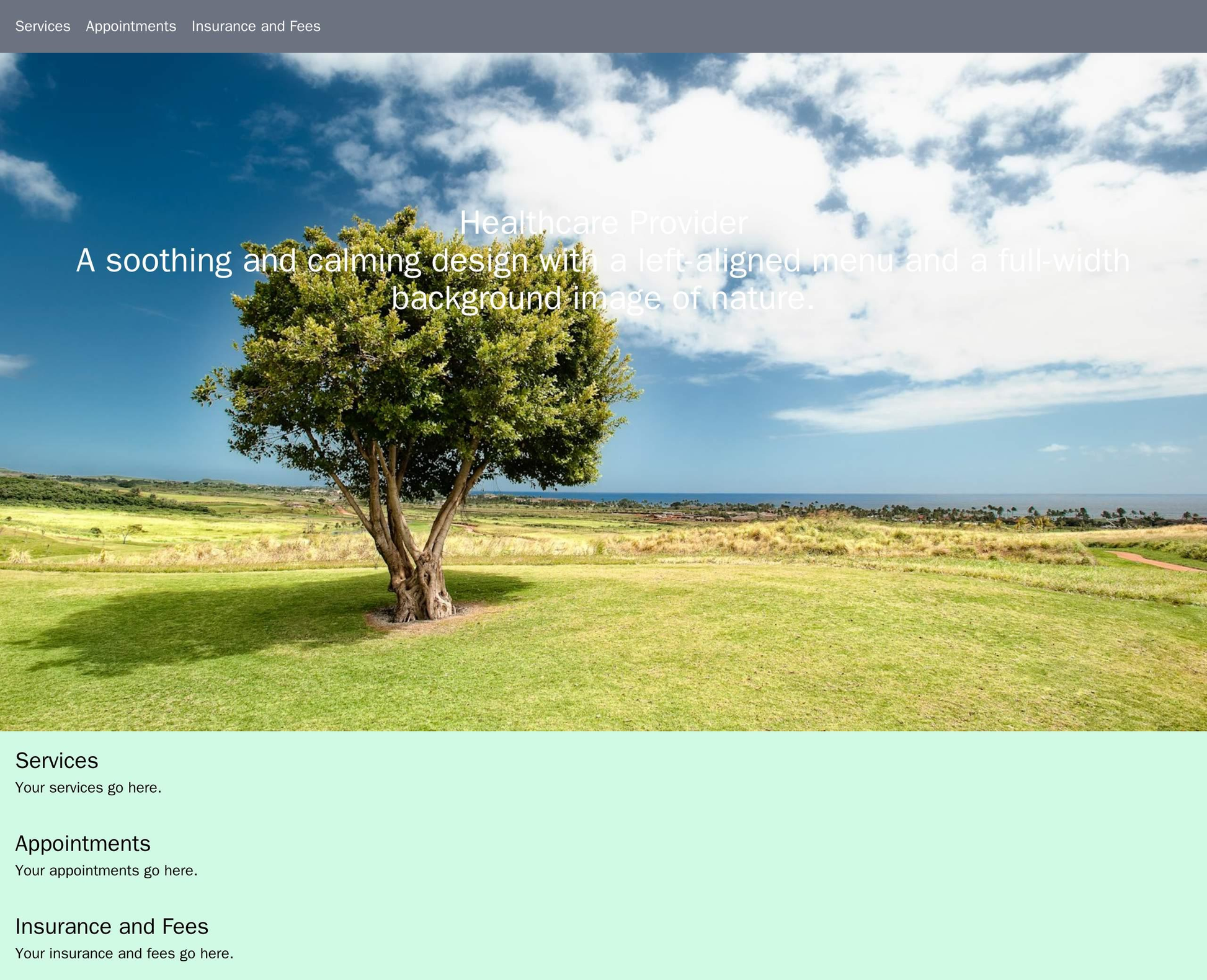 Healthcare Provider: A soothing and calming design with a left-aligned menu and a full-width background image of nature. Web Template 815