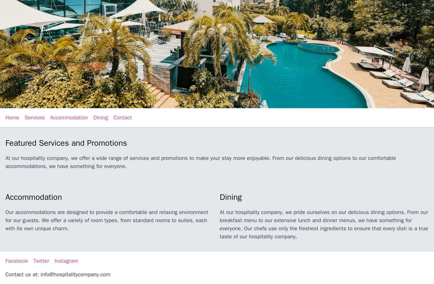 Hospitality Company Site: A full-width header image, a top navigation menu, a section for featured services and promotio Web Template 230