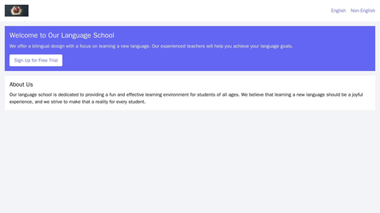 Language School: A bilingual design with a header containing the school's logo and two main navigation bars – one for En Web Template 350