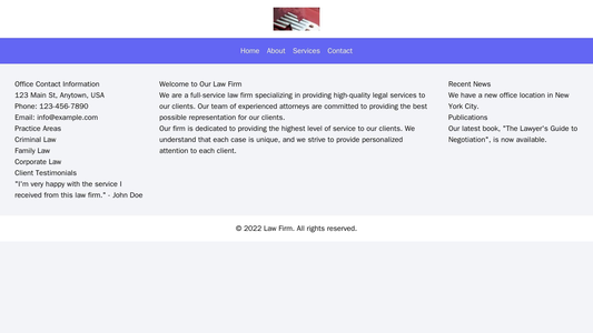 Law Firm: A website with a centered logo and top horizontal navigation bar. The layout consists of three columns - a lef Web Template 1330