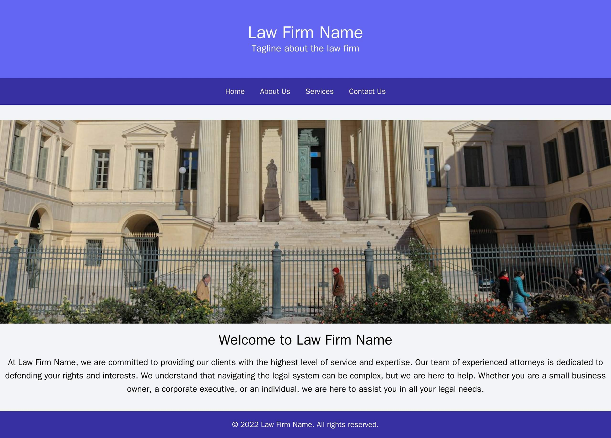 Law Firm: A professional, clean layout with a logo and tagline prominently displayed at the top, a large banner image fe Web Template 1646