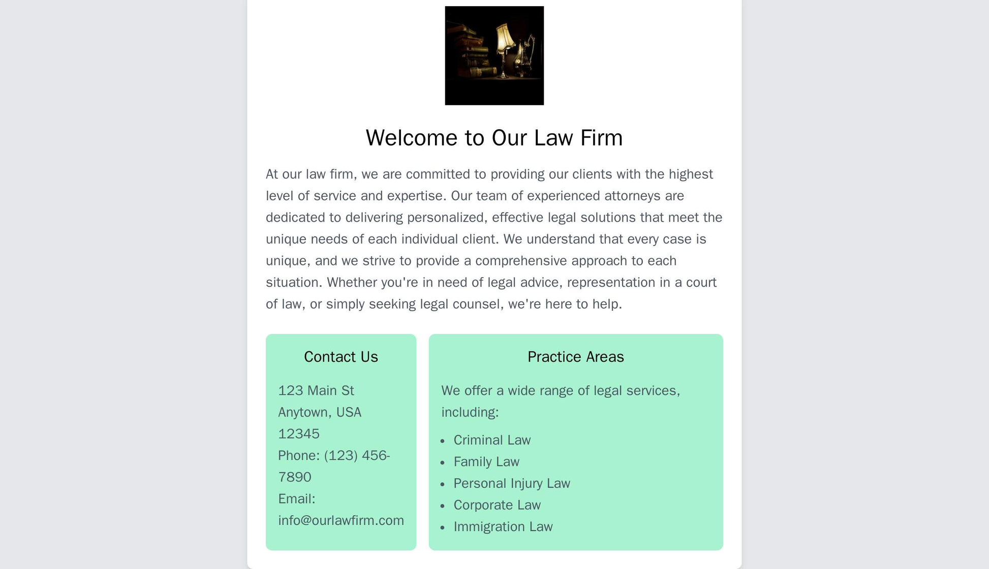 Law Firm: A professional and elegant design with a centered logo, a left sidebar for contact information and practice ar Web Template 23