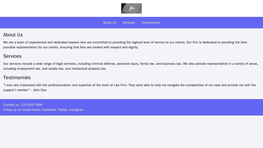 Law Firm Website: A centered logo at the top with a simple navigation menu. A three-column layout for About Us, Services Web Template 1724