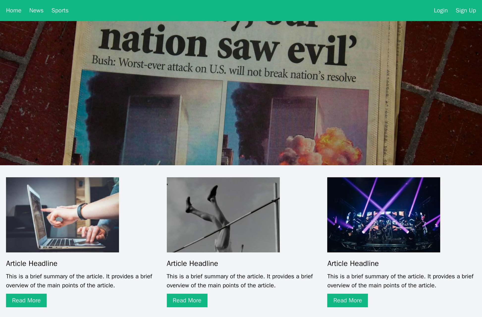 News Site: A site with a full-width hero image, a navigation menu at the top, and a three-column layout for articles. Th Web Template 1414