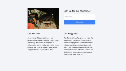 Non-profit Organization Site: A two-column layout with a centered logo, a newsletter sign-up form on the left, and infor Web Template 1139