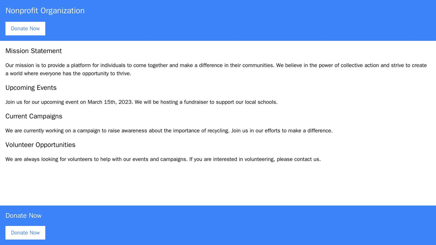 Nonprofit Organization: A one-page design with information about the mission statement, upcoming events, current campaig Web Template 415