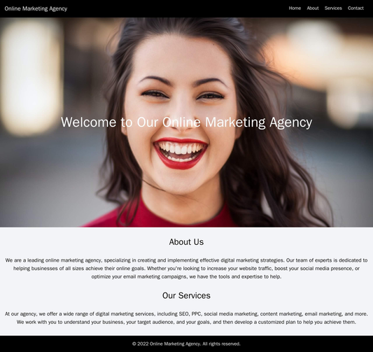 Online Marketing Agency: A clean, modern design with a top black navigation bar, a centered logo, and a full-width, back Web Template 1207