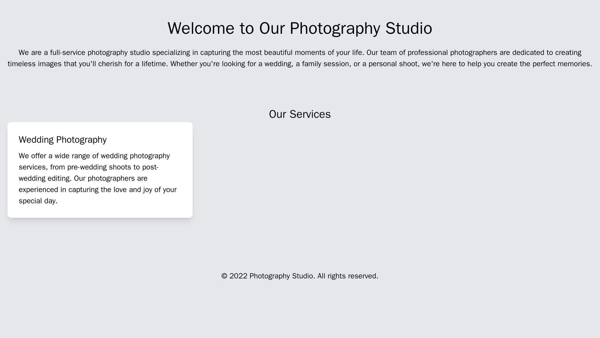 Photography Studio: A full-width hero image, a main navigation menu, several columns showcasing different services, gall Web Template 1338