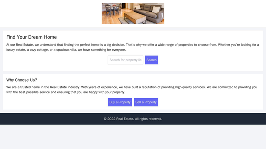 Real Estate: A clean, modern layout with a centered logo, a wide search bar for property listings, and clear calls-to-ac Web Template 1044