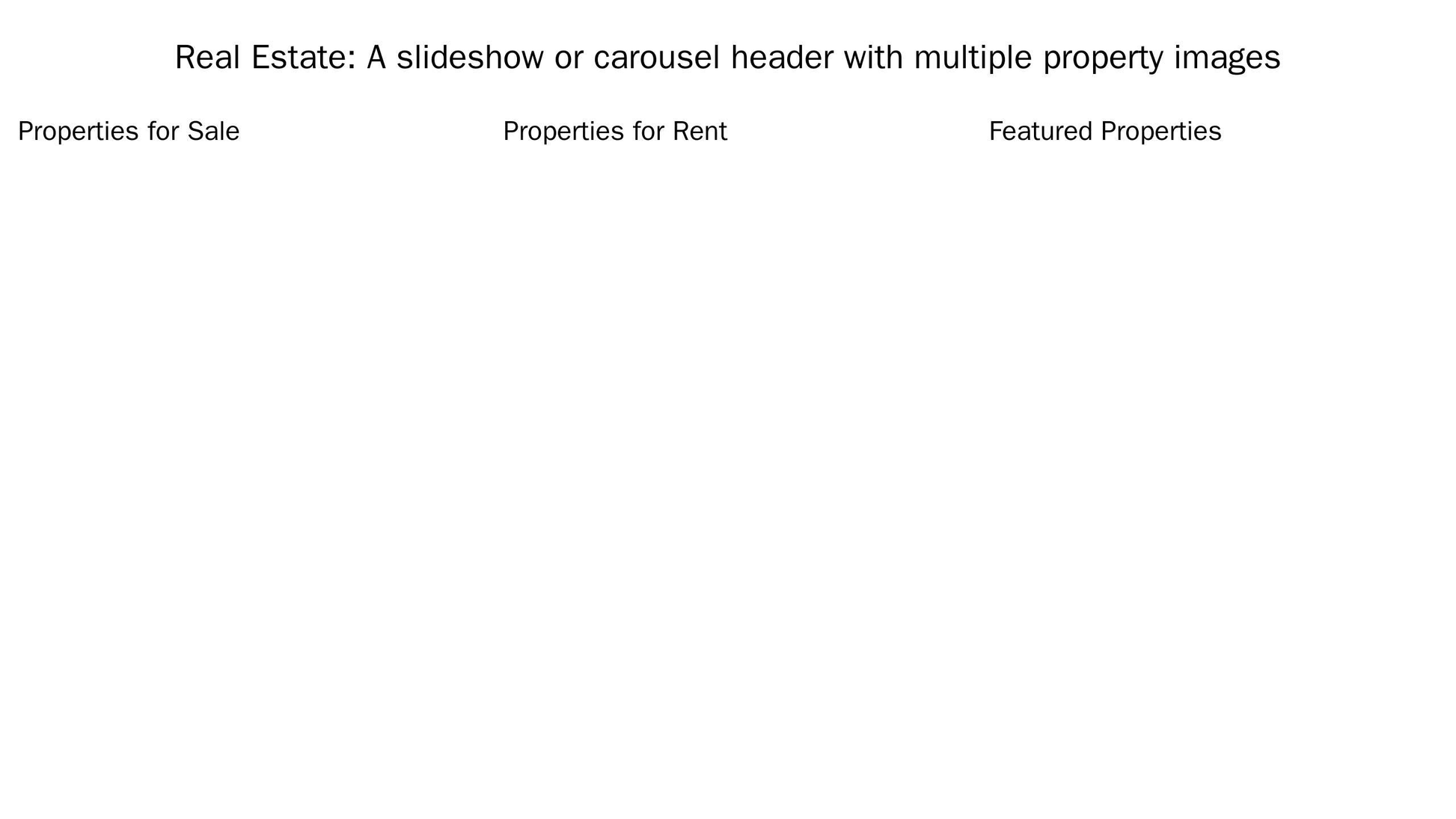 Real Estate: A slideshow or carousel header with multiple property images. Below the header are three columns: Propertie Web Template 996