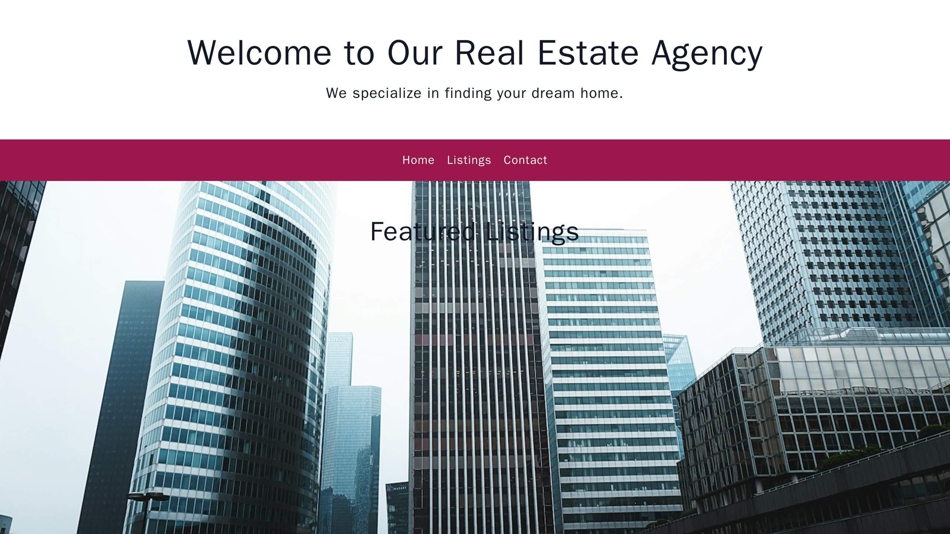 Real Estate Agency: A spacious design with a centered logo, a top navigation bar, and a full-width header image of a bea Web Template 1452