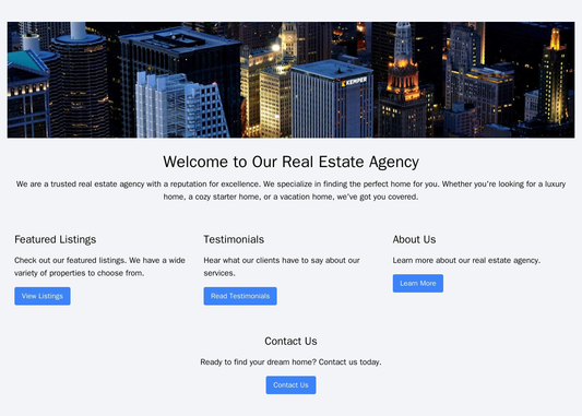 Real Estate Agency: A three-column layout with a header image of a beautiful property, and columns for Featured Listings Web Template 36