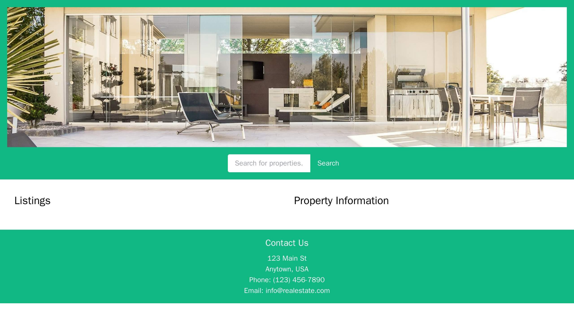 Real Estate Agency: A simple yet elegant website layout with a full-width banner image of a property, a prominent search Web Template 581