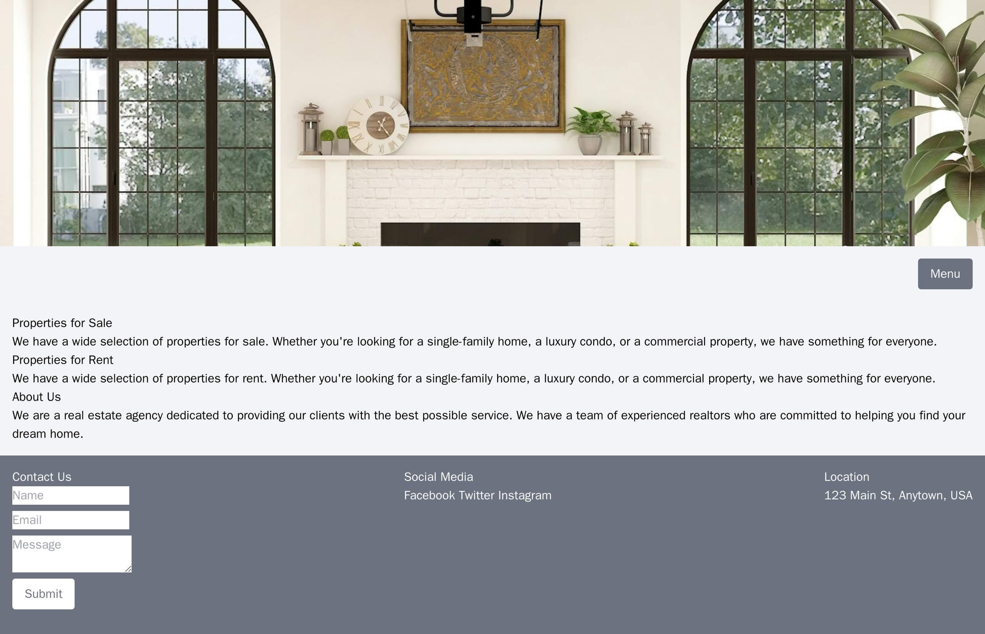 Real Estate Agency Site: A header with a full-width image of a property listing and contact information. A dropdown menu Web Template 1731