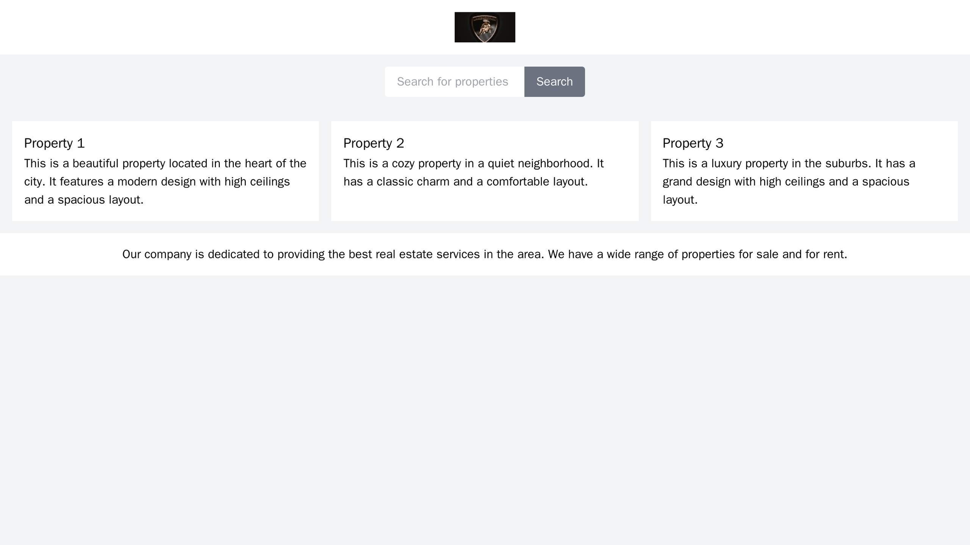 Real Estate Company: A clean and professional design with a centered logo, a prominent search bar, a grid layout for pro Web Template 57