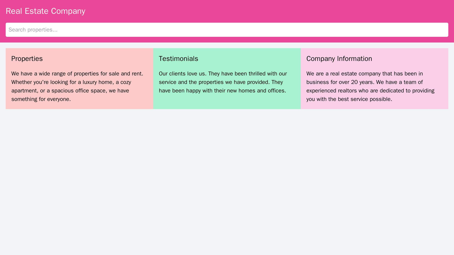 Real Estate Company: A three-column layout for showcasing properties, testimonials, and company information. The header  Web Template 94