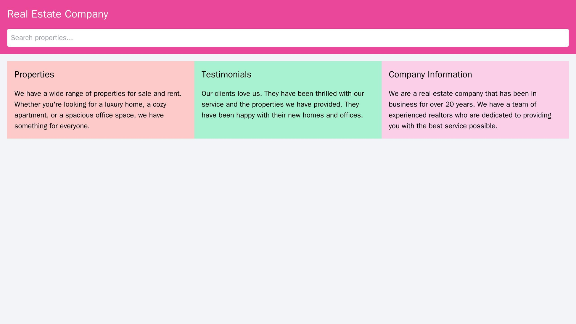 Real Estate Company: A three-column layout for showcasing properties, testimonials, and company information. The header  Web Template 94