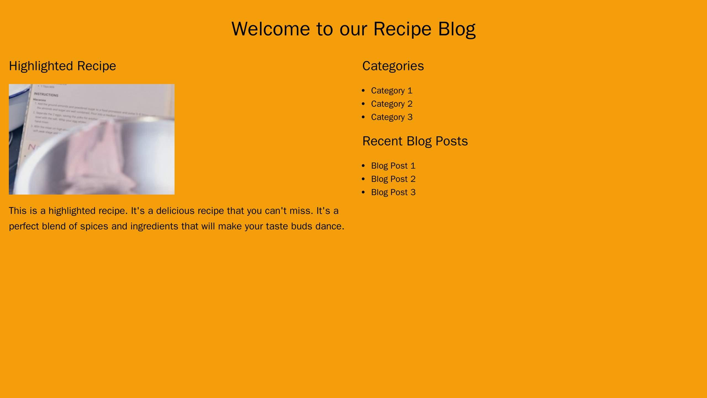 Recipe Blog: A two-column design, with a column dedicated to a highlighted recipe and a sidebar with various categories, Web Template 412