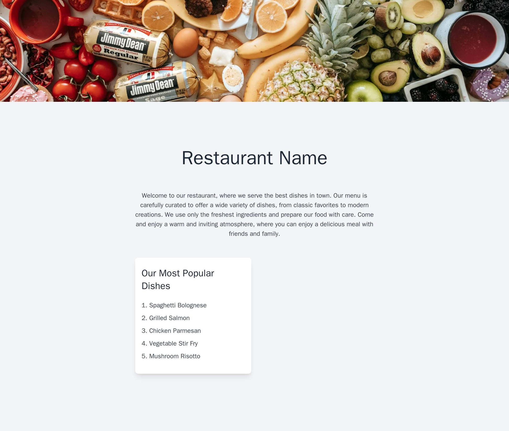 Restaurant: A warm and inviting layout with a full-width image of a dish at the top of the page, a centered logo, and a  Web Template 286