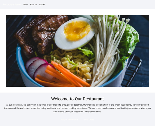 Restaurant: A warm and inviting design with a menu at the top, a large banner image of a delicious meal, a centered logo Web Template 874