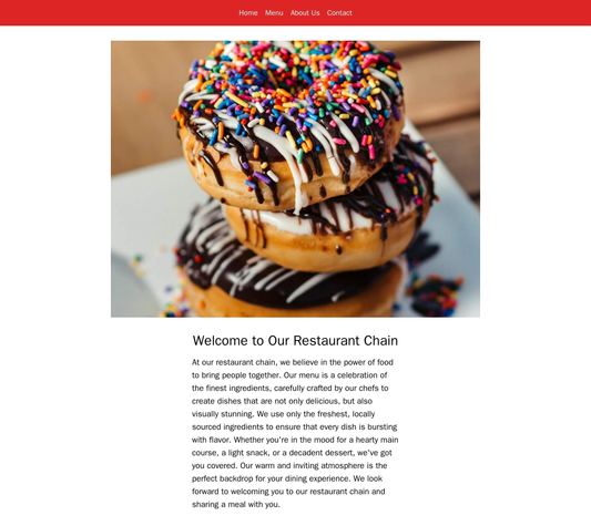 Restaurant Chain: A warm and inviting design with a large, appetizing image of food, and a horizontal navigation menu at Web Template 1012