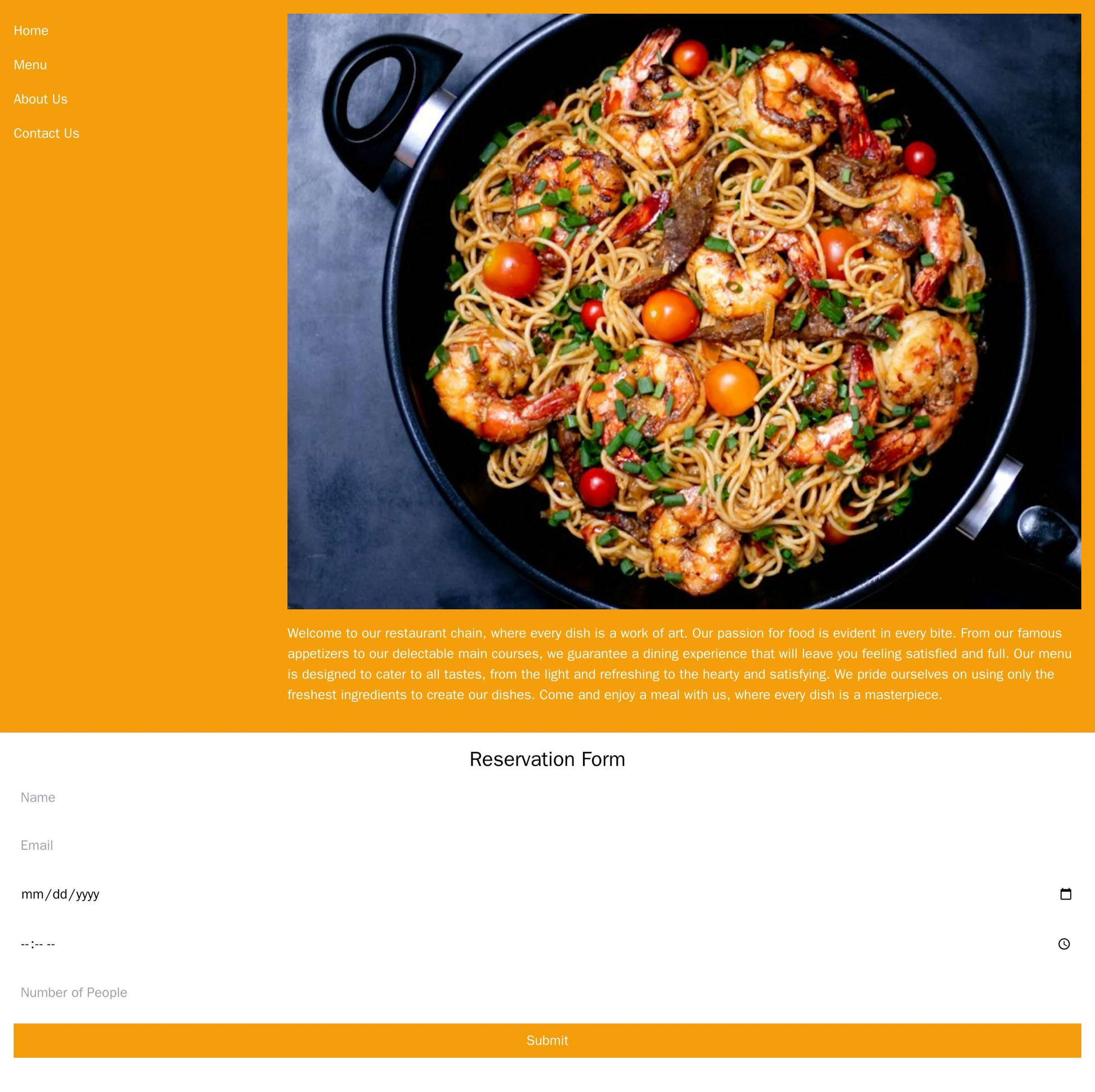 Restaurant Chain: A mouth-watering design with a large hero image of a dish, a vertical menu on the left side, a reserva Web Template 1840