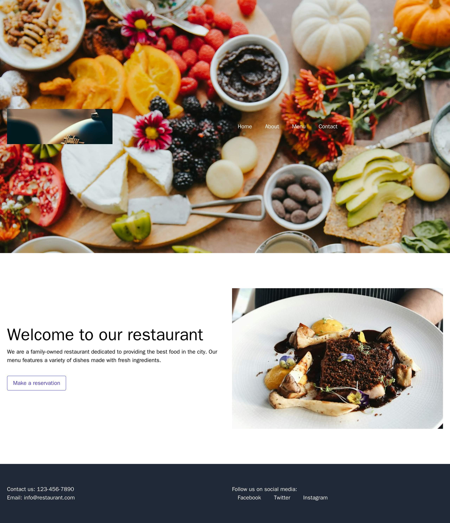 Restaurant Site: A large background image of a delicious meal, with the logo and navigation menu at the top. A hero area Web Template 1957