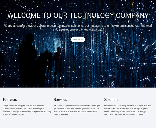 Technology Company: A minimalist design with a large header image, a three-column layout for features, services, and sol Web Template 832