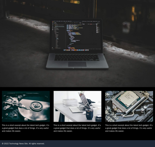 Technology News Site: A black, grey, and white color palette. A large, centered banner image or video of the latest tech Web Template 918