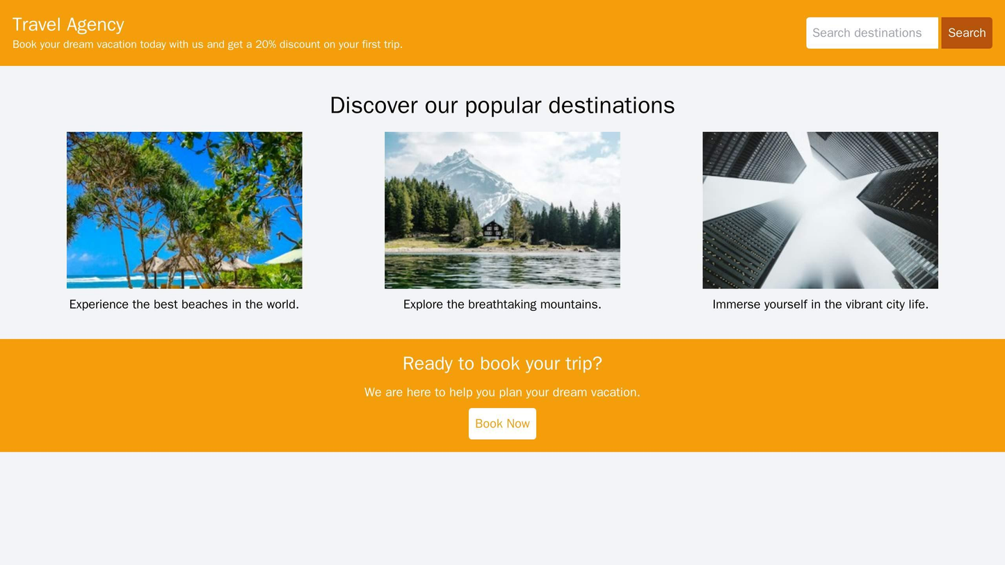 Travel Agency: A website with a header containing a logo, a search bar, and a tagline highlighting promotions or destina Web Template 1329