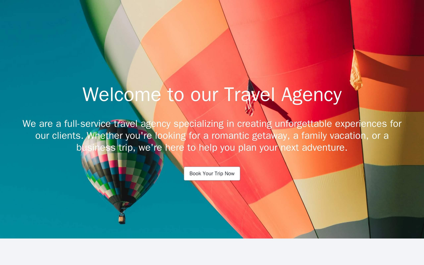 Travel Agency: A panoramic, full-width image of a beautiful travel destination. Centered call-to-action for booking a tr Web Template 1410