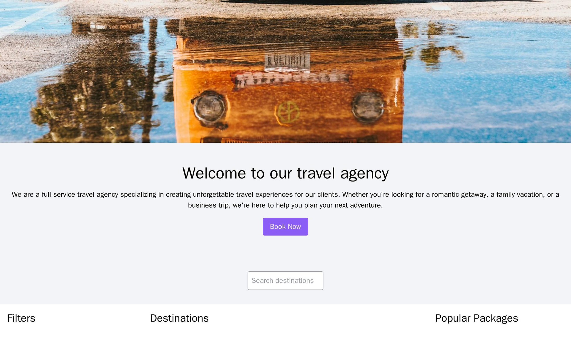 Travel Agency Site: A full-width header image with a call-to-action button and a search bar. A two-column layout for des Web Template 1065